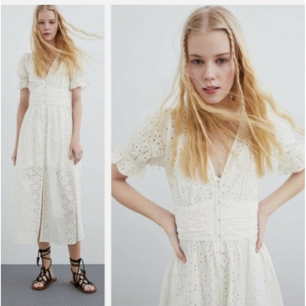 Zara white eyelet midi dress Button‎ Front Puff Sleeve Milkmaid Cottage Sz S